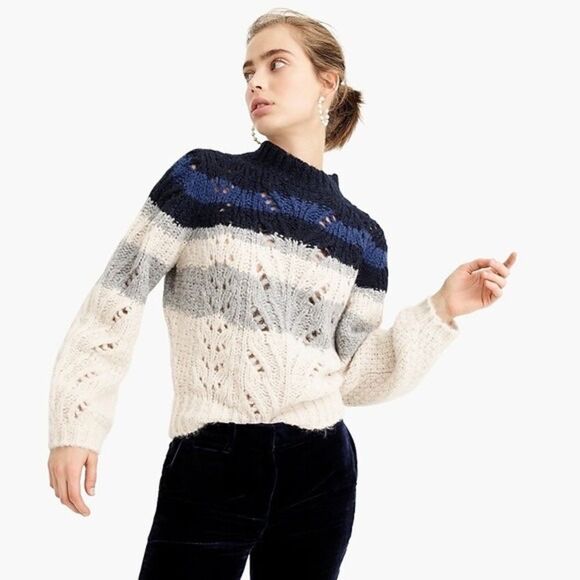 ✨ J. Crew Sweater Big Sur Alpaca Knit Crewneck Colorblock Navy Stripe✨ - Picture 1 of 11